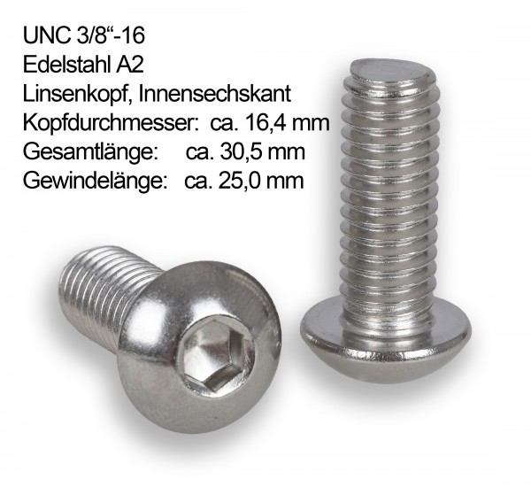 A2 Linsenkopf-Schrauben UNC 3/8"-16 Zoll Gewinde (2er Set), Gesamtlänge 30,5mm, Innensechskant